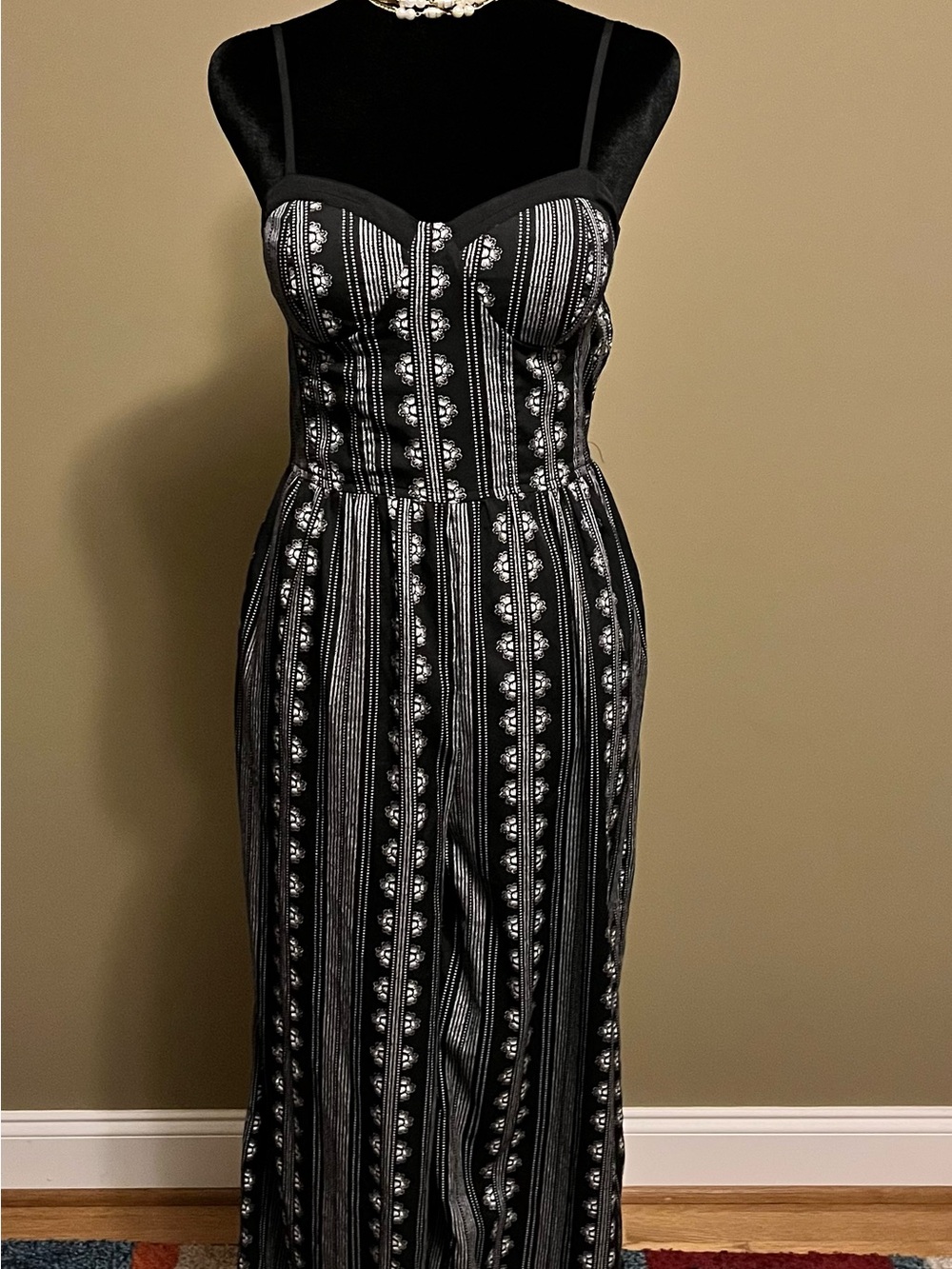 Black Striped jumper- Sleek Bustier Style. Wide Legs.